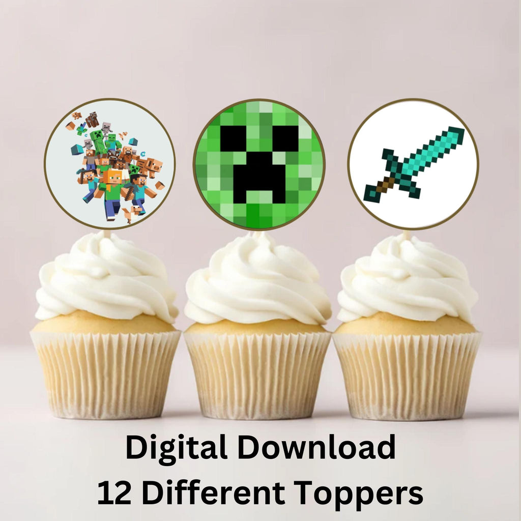 Personalized Minecraft Cupcake Toppers, Mincraft Birthday Theme Cupcake Topper Decorations