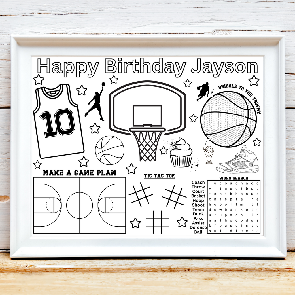 Personalized Basketball Birthday Activity Placemat, Basketball Party Favors