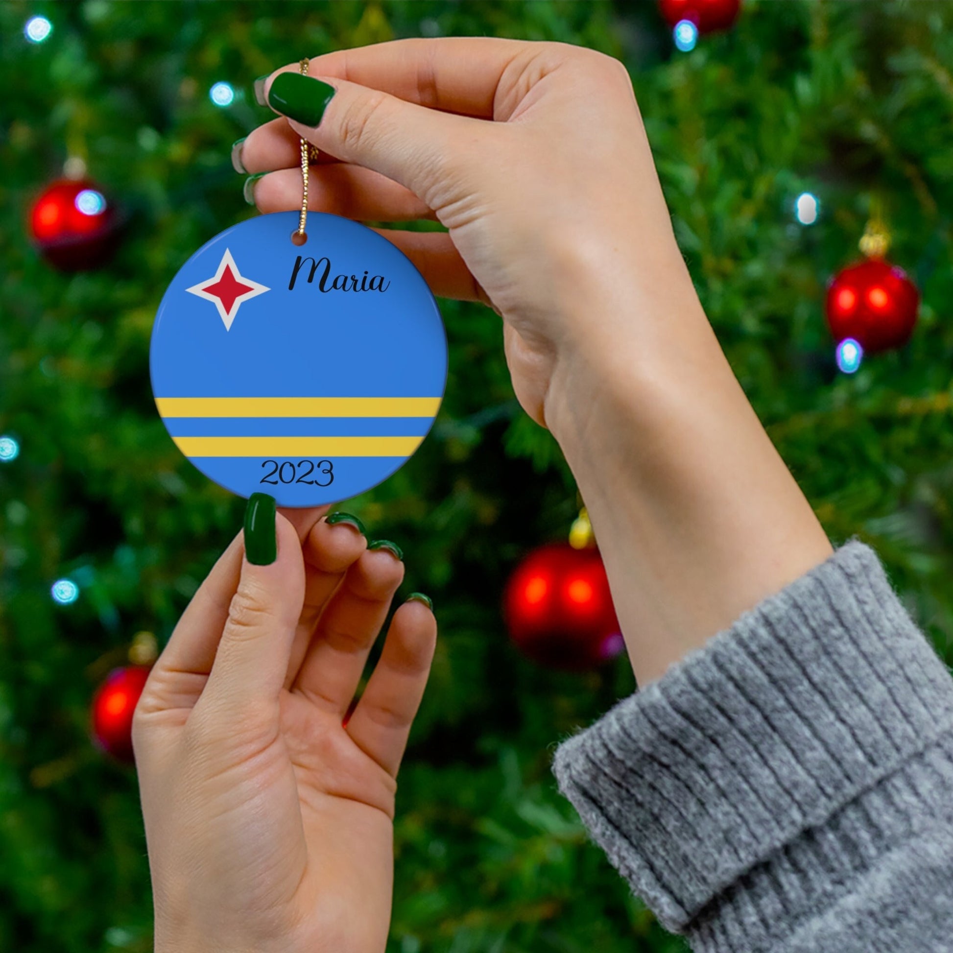 Personalized Aruba Ceramic Ornament Christmas Decor, Holiday Decoration, Aruban Flag, World Travel, Caribbean Island, Blue, Yellow, Souvenir