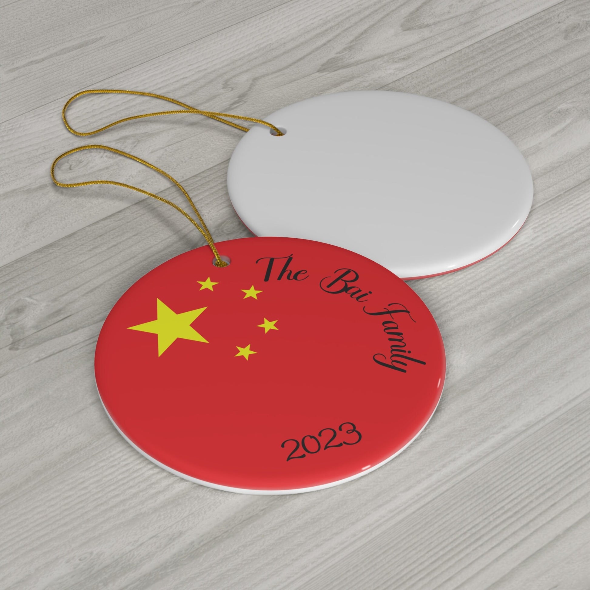 Personalized China Ceramic Christmas Ornament Chinese Flag Gift Holiday Decoration Asia World Heritage Travel Themed Red Round Chinese Decor