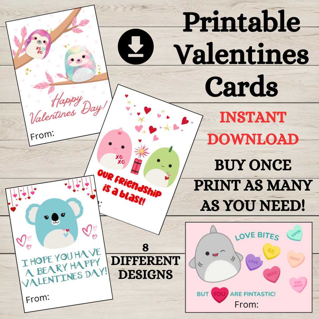 Squishmallow Valentine's Day Cards, 8 Printable Classroom Squishmallow Valentine Cards