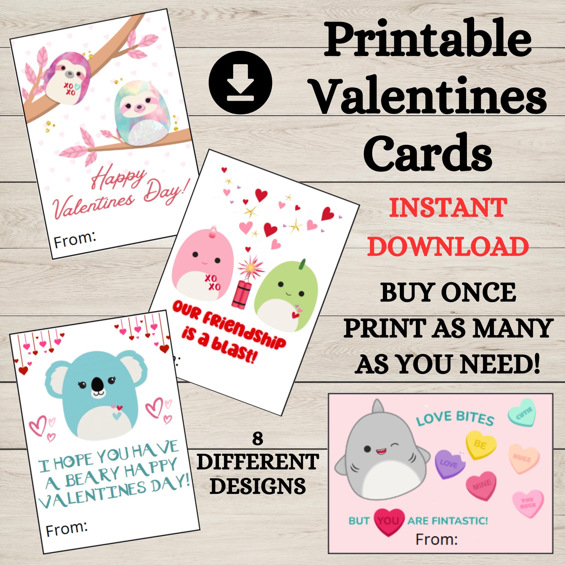 Squishmallow Valentine's Day Cards, 8 Printable Classroom Squishmallow Valentine Cards