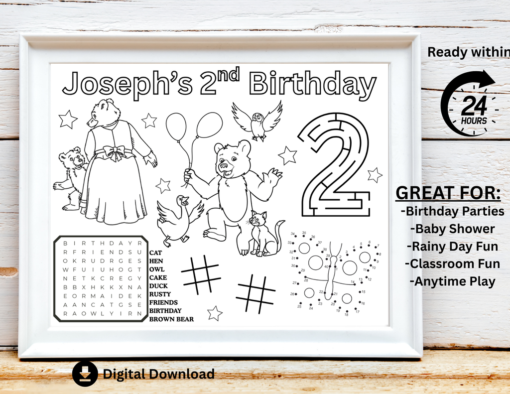 PERSONALIZED Little Bear Birthday Activity Placemat, Brown Bear Party Coloring Page, Storybook Birthday Color Page, Bear Birthday Favors