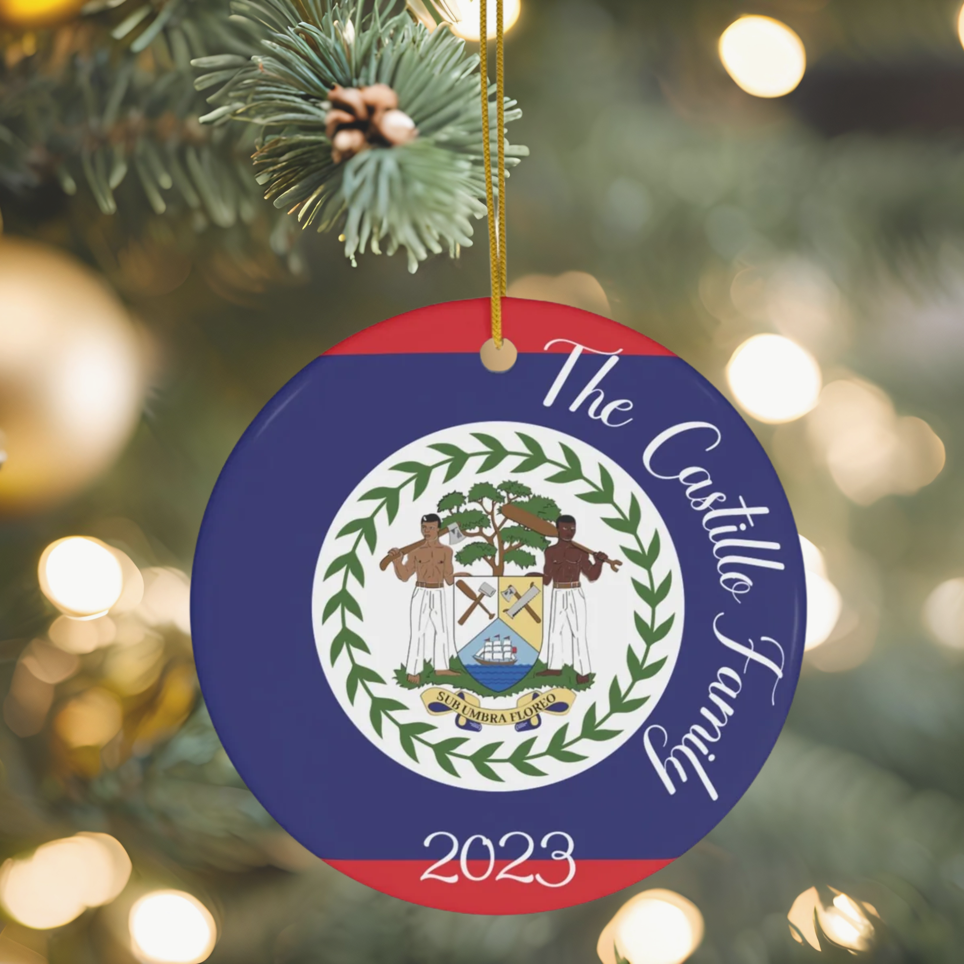 Personalized Belize Christmas Ornament Belizean Flag Inspired Print, Caribbean, Central America, World Travel Gift Souvenir Ceramic, Circle