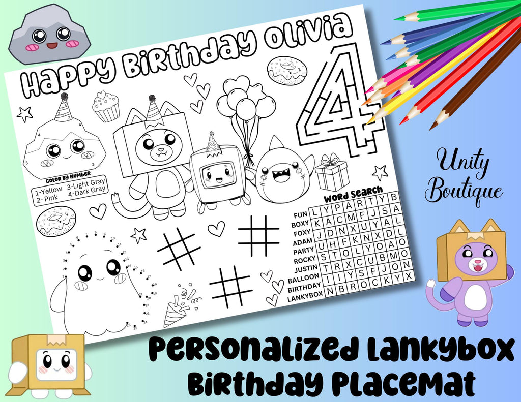 Personalized Lankybox Kitten Birthday Activity Placemat, Foxy, Boxy, Rocky Coloring Page
