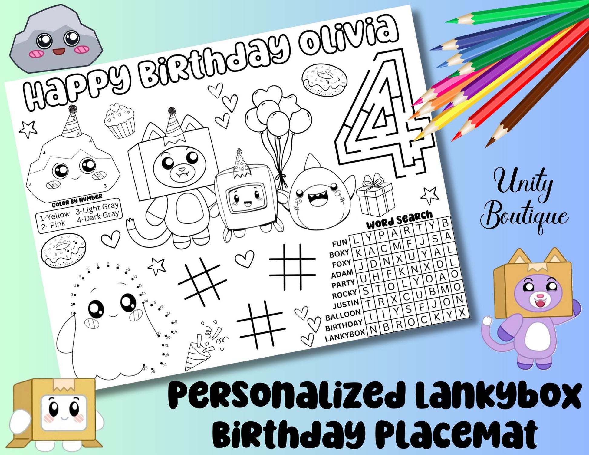 Personalized Lankybox Kitten Birthday Activity Placemat, Foxy, Boxy, Rocky Coloring Page