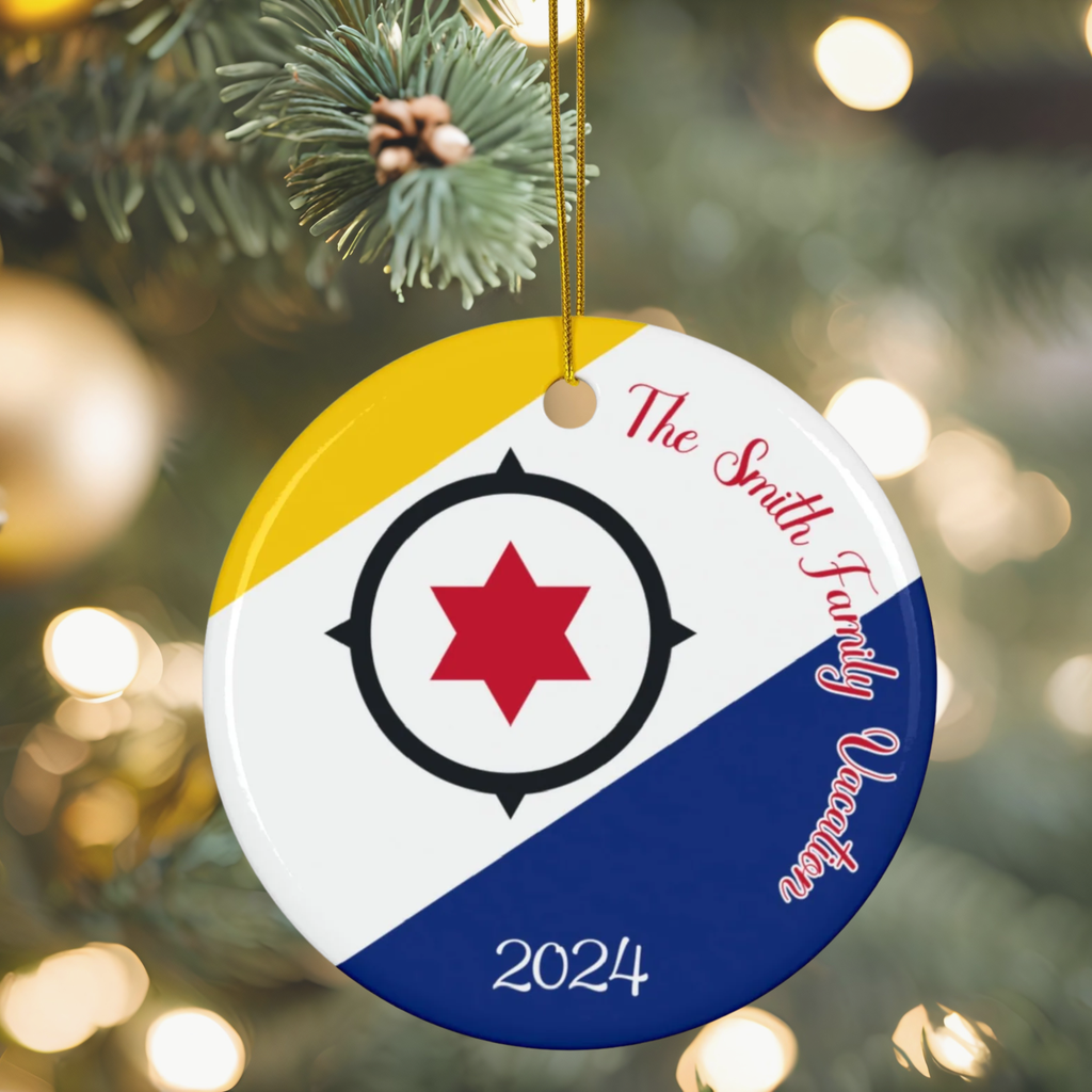 Personalized Bonaire Christmas Ornament, Ceramic Bonairean Flag Inspired Holiday Gift, Caribbean Netherlands Vacation Souvenir, World Travel