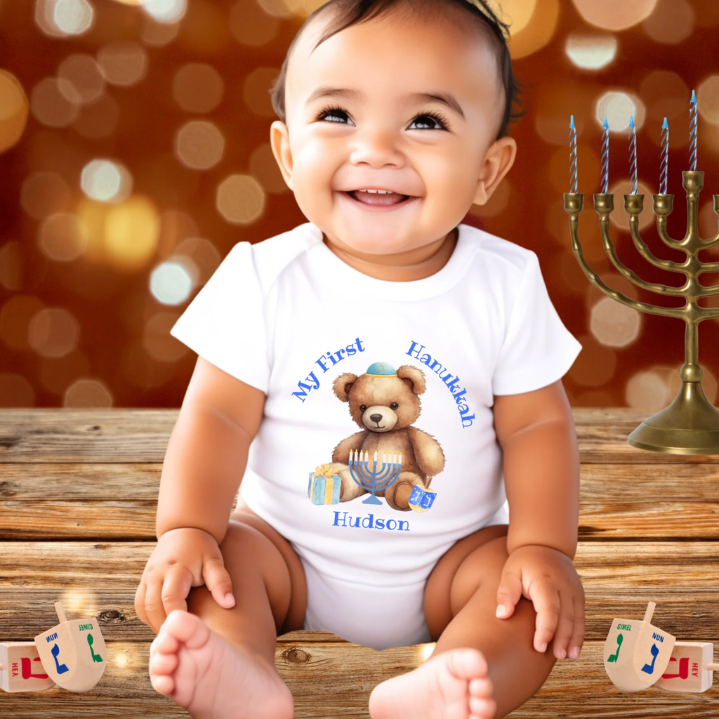 Personalized Kids My First Hanukkah Shirt, Customized Hanukkah Shirt with Name, Hanukkah Teddy Bear Kids T-shirt