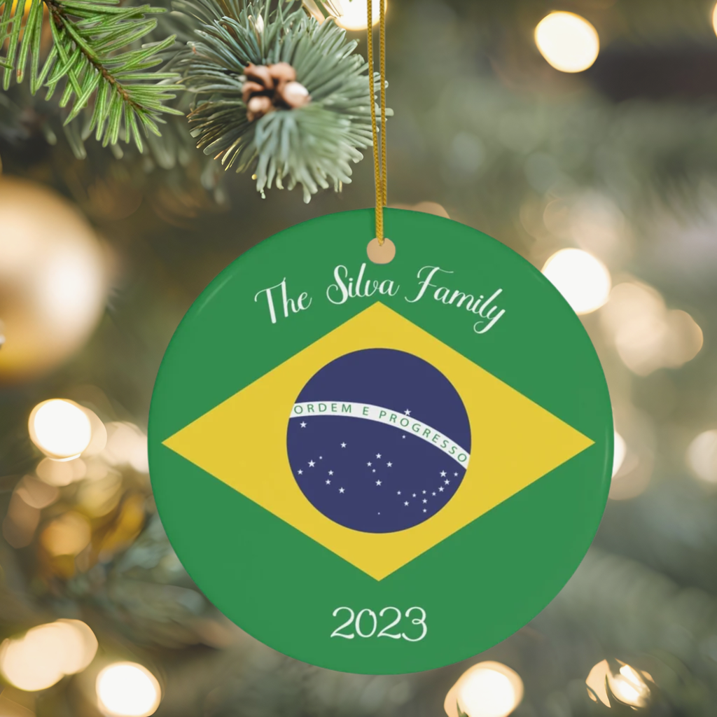 Personalized Brazil Brazilian Flag Green Yellow Blue Round Porcelain Ceramic Custom Christmas Ornament Gift Decoration Holiday World Travel
