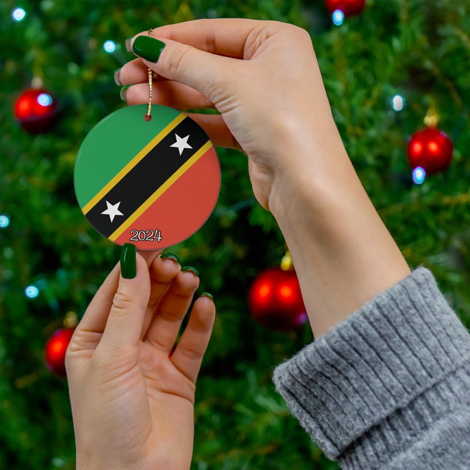 Personalized St. Kitts & Nevis Ceramic Ornament, Kittitian Nevisian Flag Ornament, World Travel Caribbean Gift Souvenir, Island Vacation