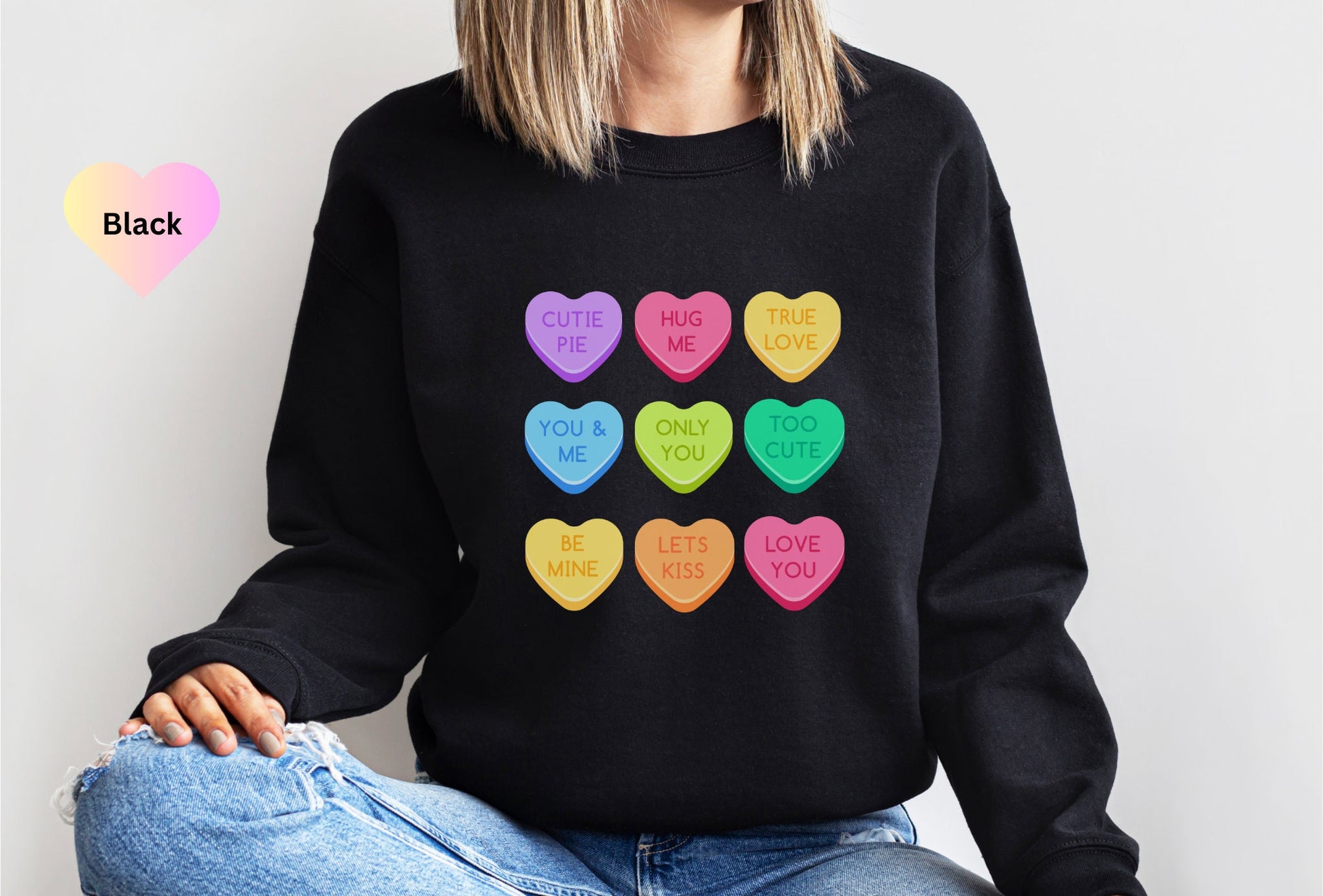 Candy Heart Sweatshirt, Heart Sweatshirt, Cute Valentine's Sweater, Valentines Day Gift, Gift for Her, Conversation Hearts Sweatshirt Retro