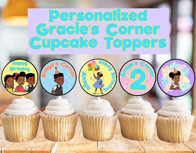 Personalized Gracie's Corner Cupcake Toppers, Customized Name and Age Gracie's Corner Toppers, Gracie's Corner Birthday Decor