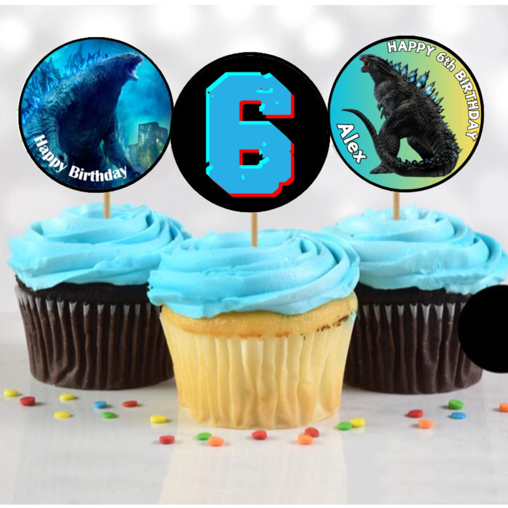 Adornos personalizados para cupcakes de cumpleaños de Godzilla, decoración personalizada para fiestas de Godzilla