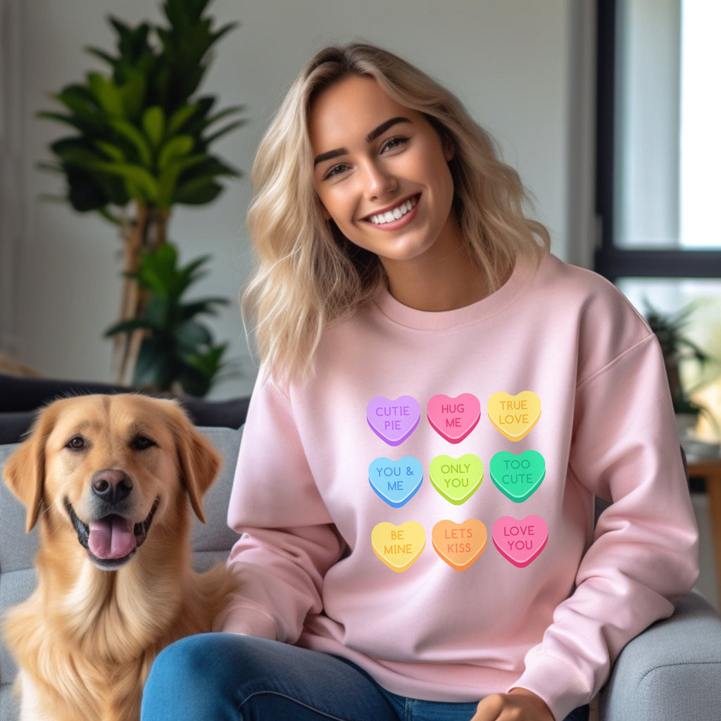 Candy Heart Sweatshirt, Heart Sweatshirt, Cute Valentine's Sweater, Valentines Day Gift, Gift for Her, Conversation Hearts Sweatshirt Retro