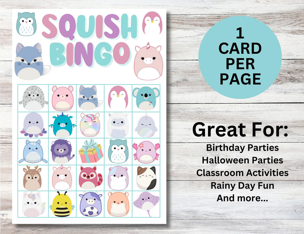 Printable Soft Plushies Bingo Game, Squishmellow Bingo, Instant Download, Squish Plushies Bingo, Birthday Games, Squishmellow Party Favors