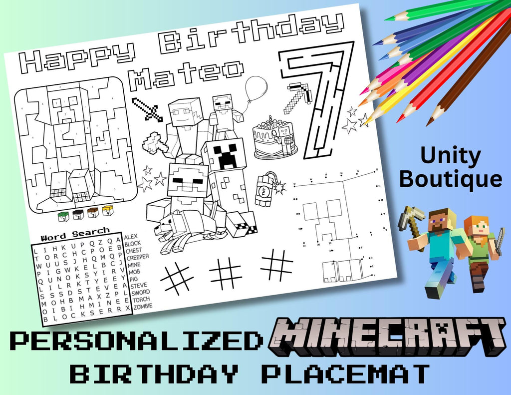 Personalized Minecraft Birthday Activity Placemat, Minecraft Party Favor, Gamer Birthday Activity Page, Minecraft Coloring Page