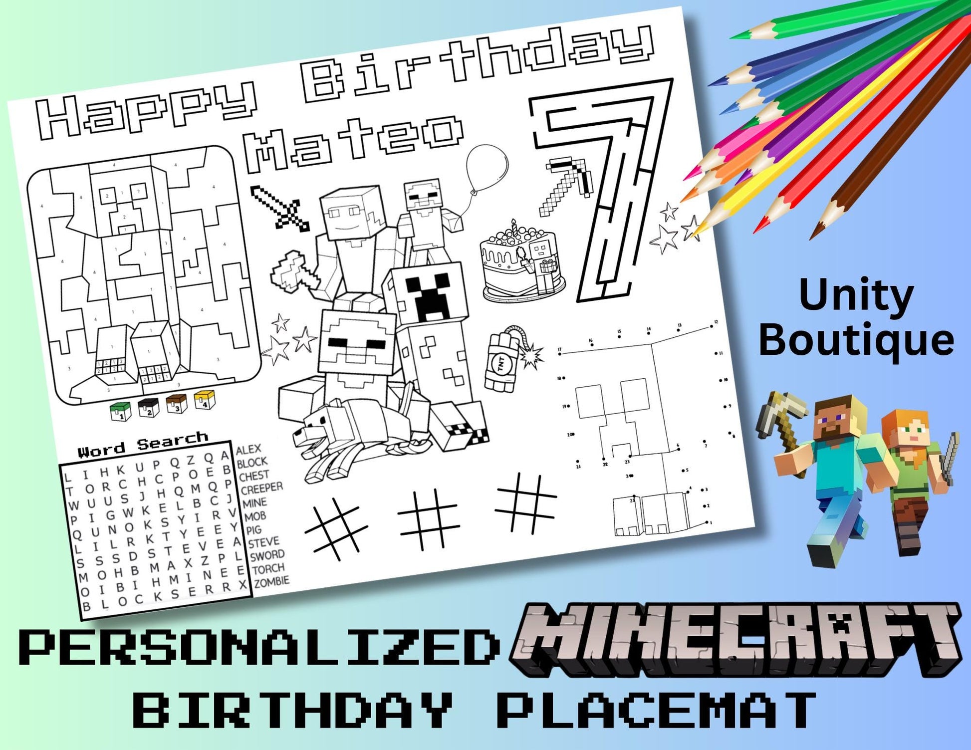 Personalized Minecraft Birthday Activity Placemat, Minecraft Party Favor, Gamer Birthday Activity Page, Minecraft Coloring Page