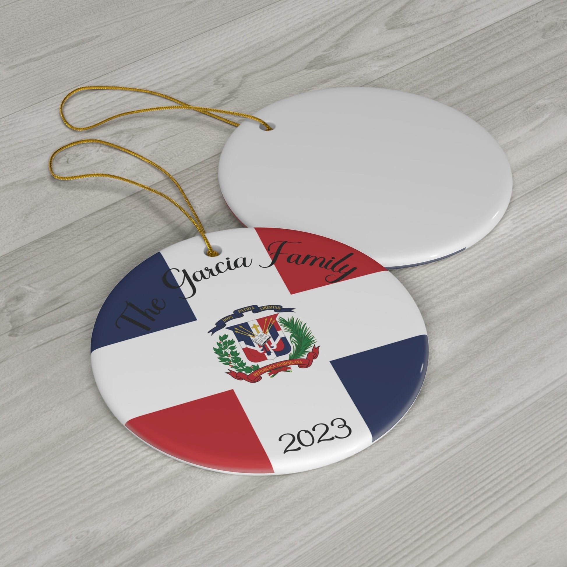 Personalized Dominican Republic Flag Inspired Red Blue White Round Porcelain Ceramic Christmas Ornament Gift Decoration Holiday World Travel