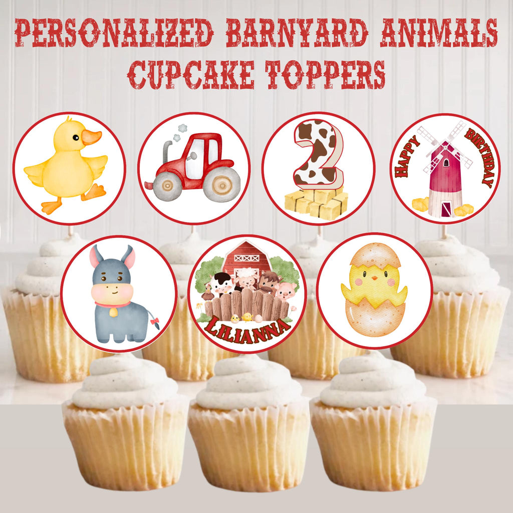 Personalized Farm Animal Cupcake Toppers, Custom Barn Animal Cupcake Toppers, Barnyard Party Decoration