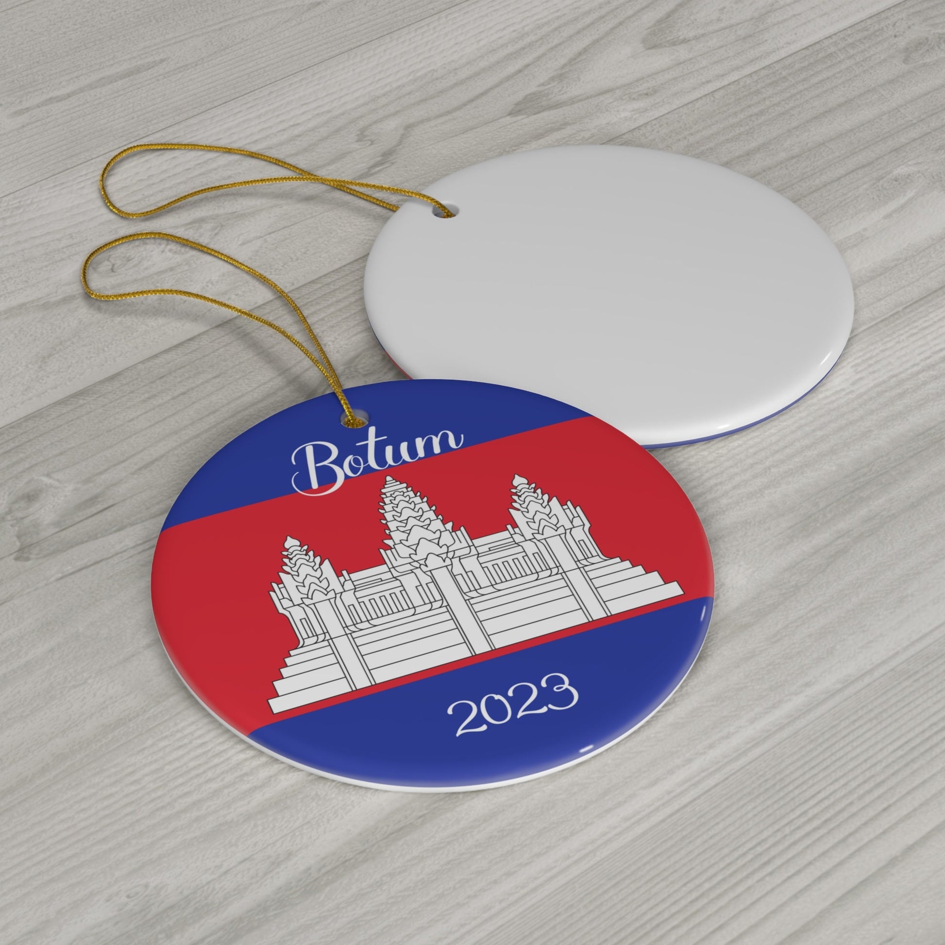 Personalized Cambodia Flag Ornament Christmas Ornament Cambodian Flag Round Porcelain Gift Holiday Decoration World Heritage Travel Themed