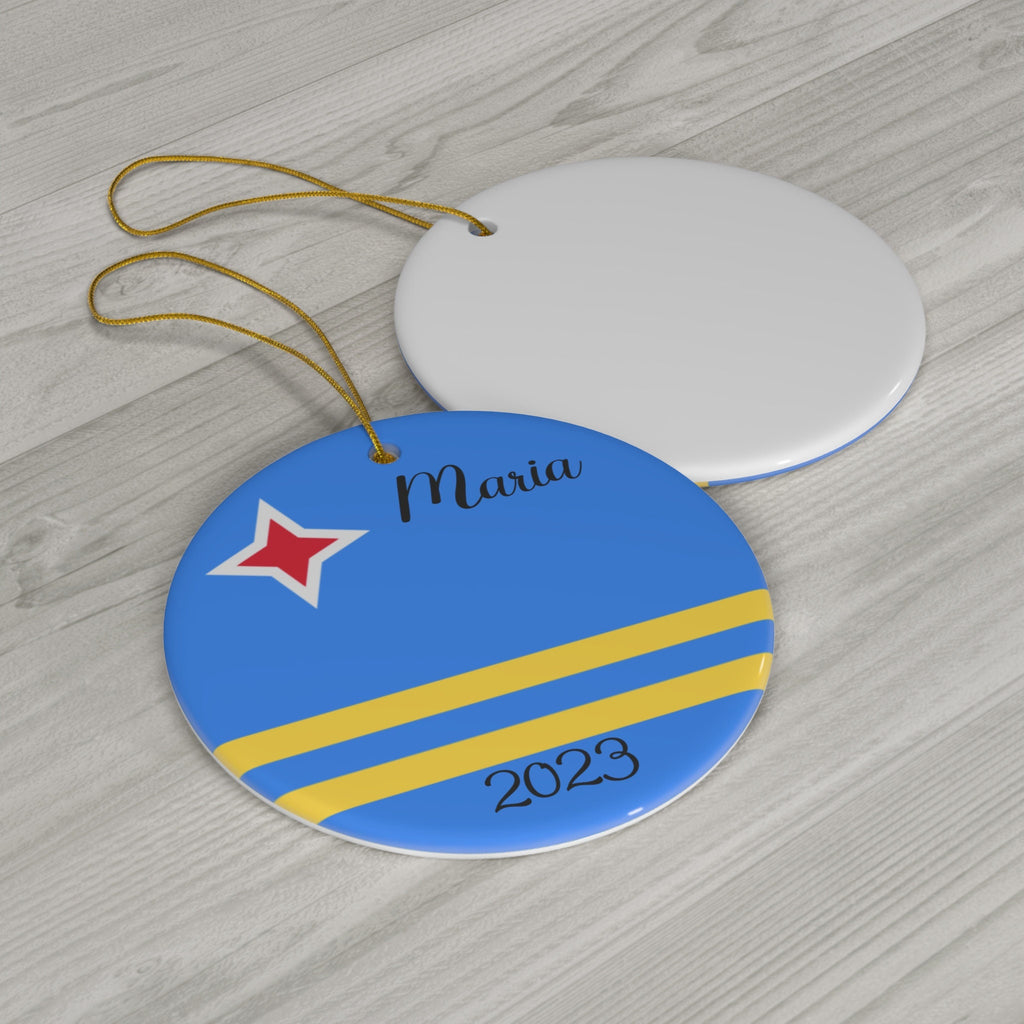 Personalized Aruba Ceramic Ornament Christmas Decor, Holiday Decoration, Aruban Flag, World Travel, Caribbean Island, Blue, Yellow, Souvenir