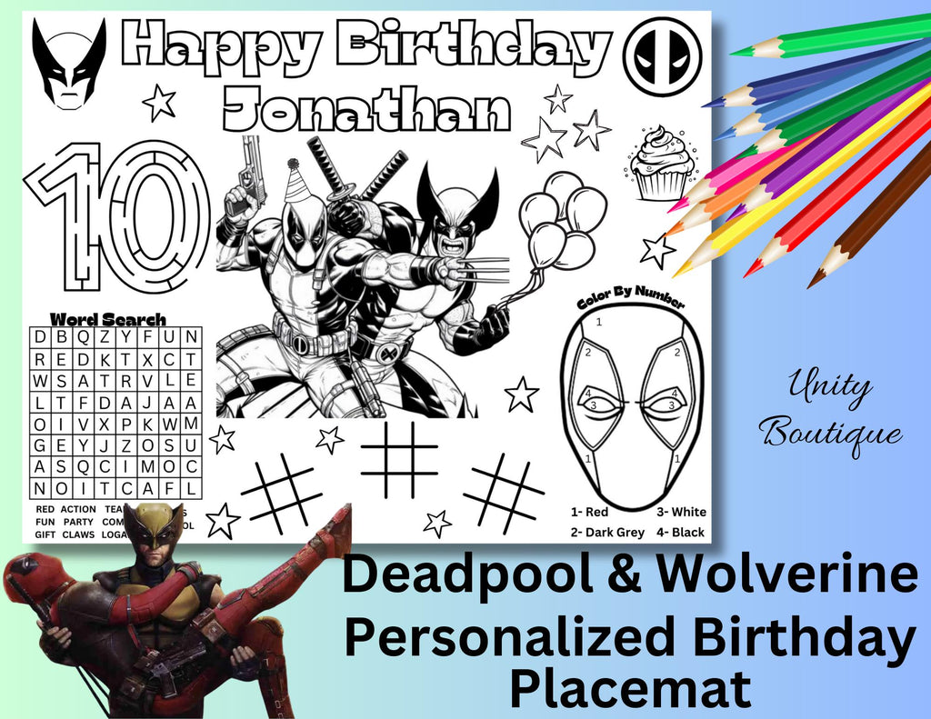 Personalized Deadpool & Wolverine Birthday Activity Placemat, Marvel Superhero Party Coloring Page