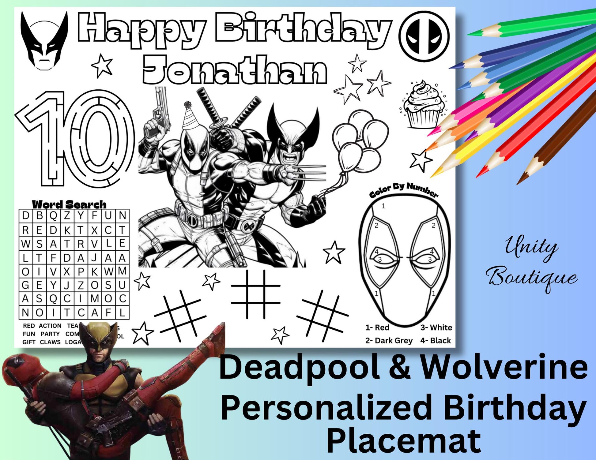 Personalized Deadpool & Wolverine Birthday Activity Placemat, Marvel Superhero Party Coloring Page