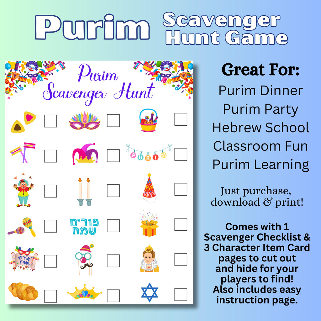 Purim Printable Scavenger Hunt, Purim Party Game, Instant Download, Jewish Purim Game, Purim Learning, Kids Purim, Purim Activities for Kids