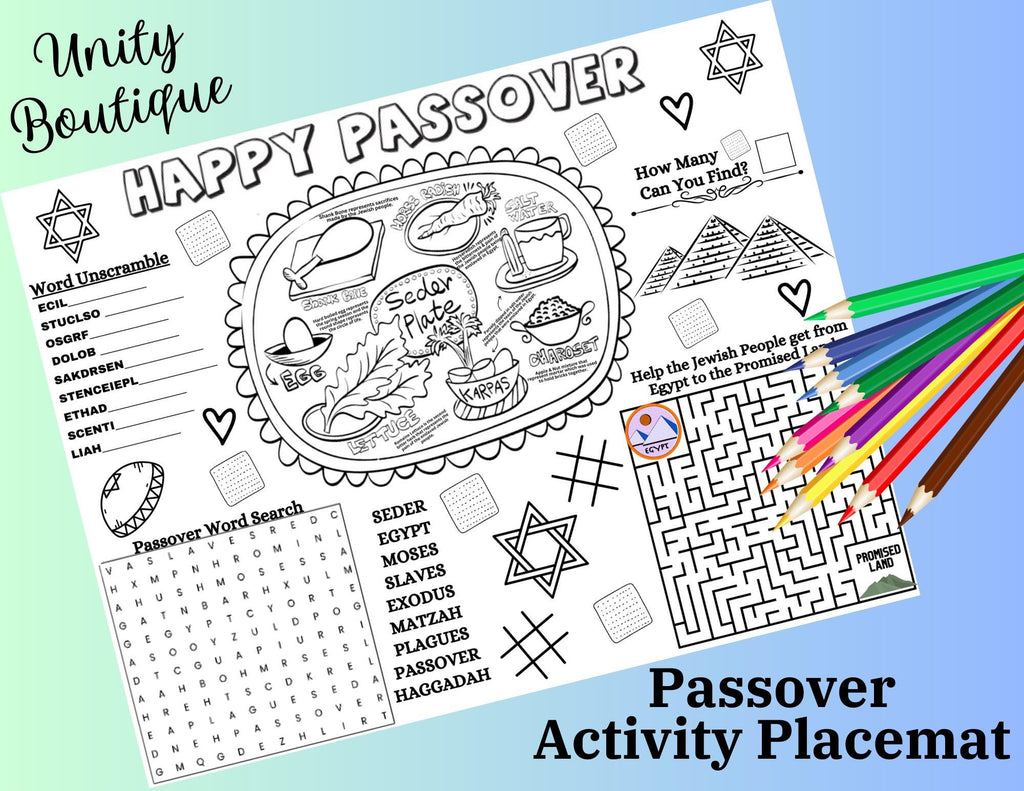 Passover Printable Coloring Placemat, Passover Learning Page, Printable Passover Party Activity, Jewish Holiday, Kids Passover Activity Page