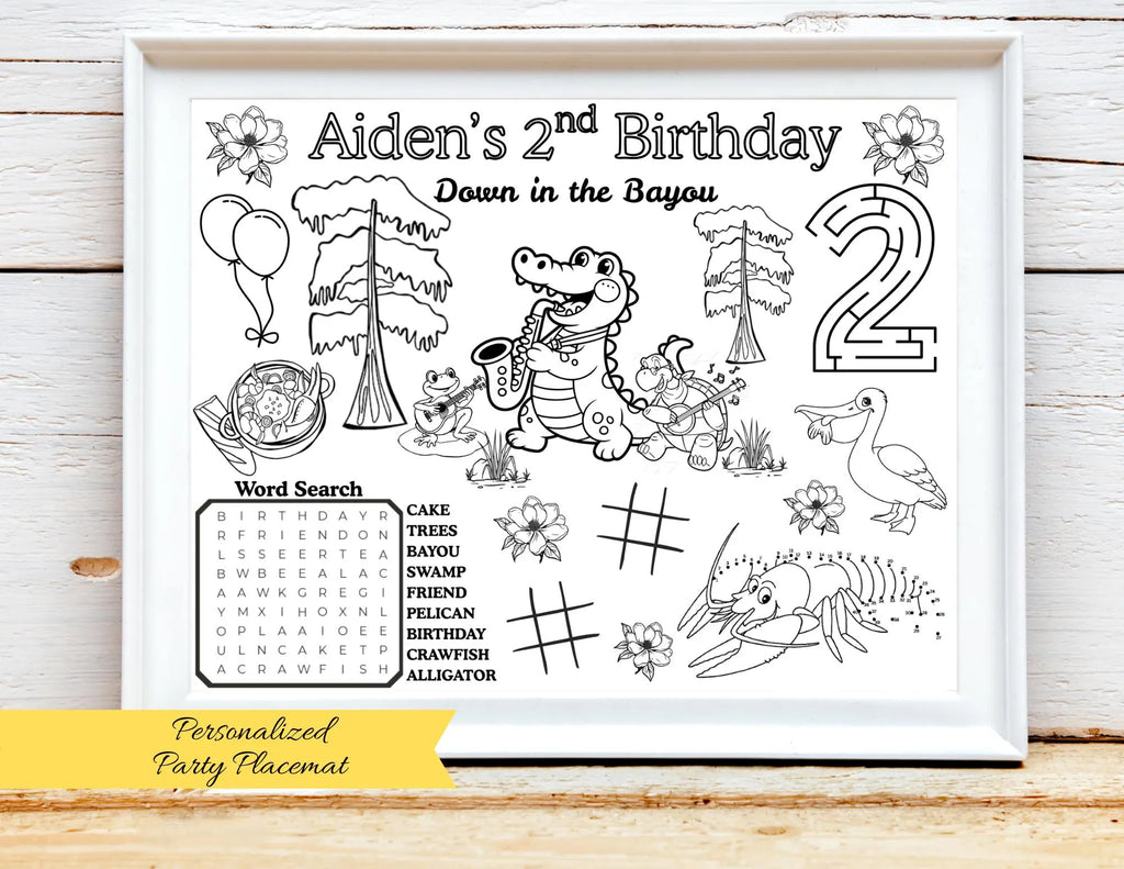 PERSONALIZED Bayou Birthday Activity Placemat, Two Da Bayou, Cajun Theme Birthday, Bayou Coloring Page, Crawfish Boil, Bayou Party Supplies