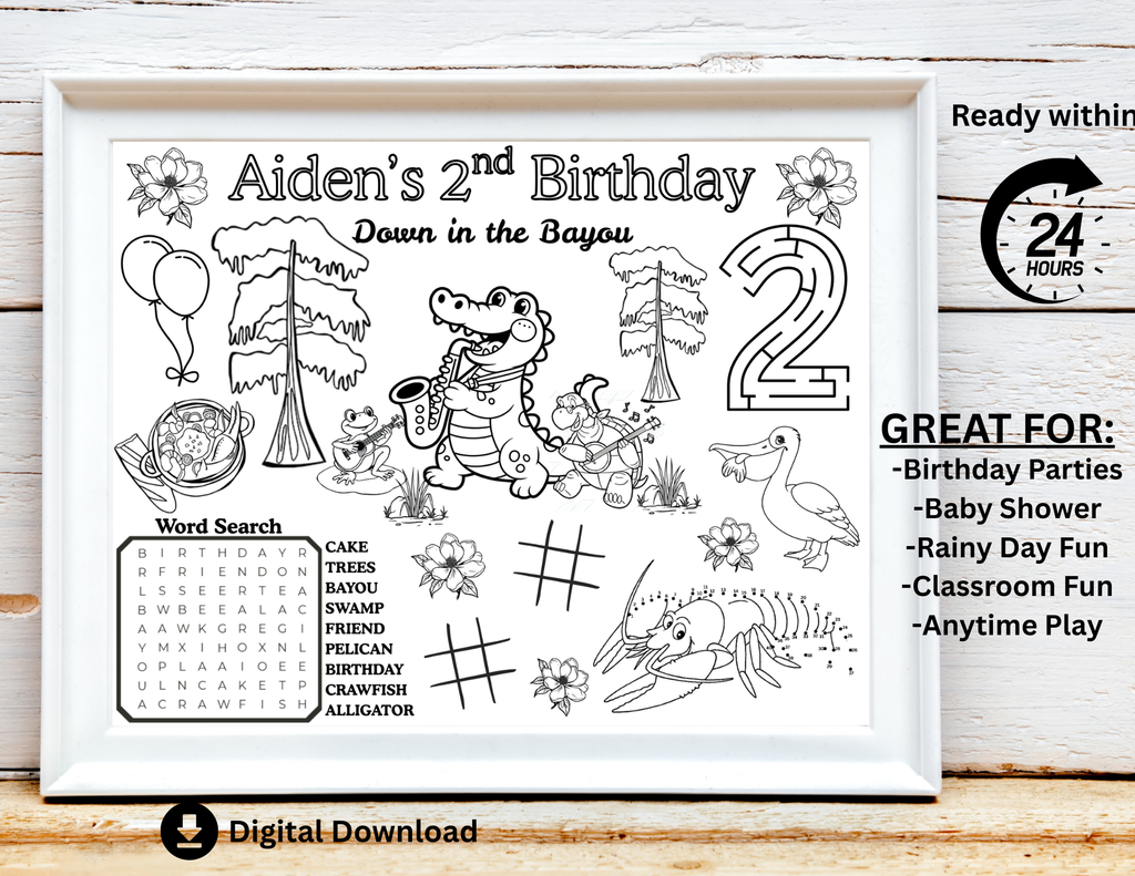 PERSONALIZED Bayou Birthday Activity Placemat, Two Da Bayou, Cajun Theme Birthday, Bayou Coloring Page, Crawfish Boil, Bayou Party Supplies