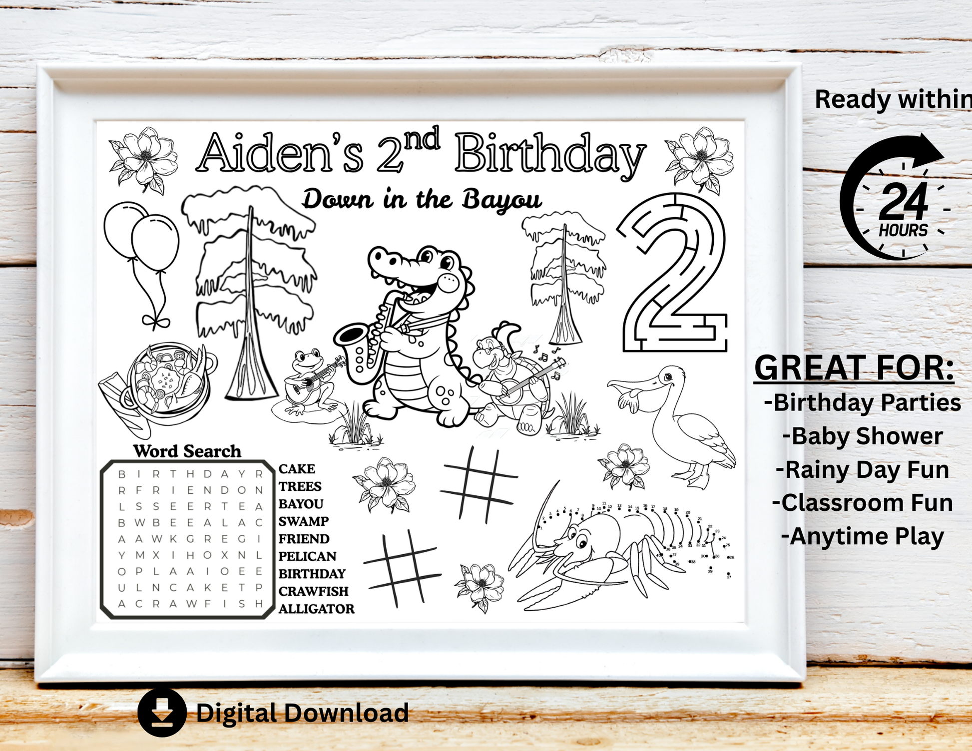 PERSONALIZED Bayou Birthday Activity Placemat, Two Da Bayou, Cajun Theme Birthday, Bayou Coloring Page, Crawfish Boil, Bayou Party Supplies