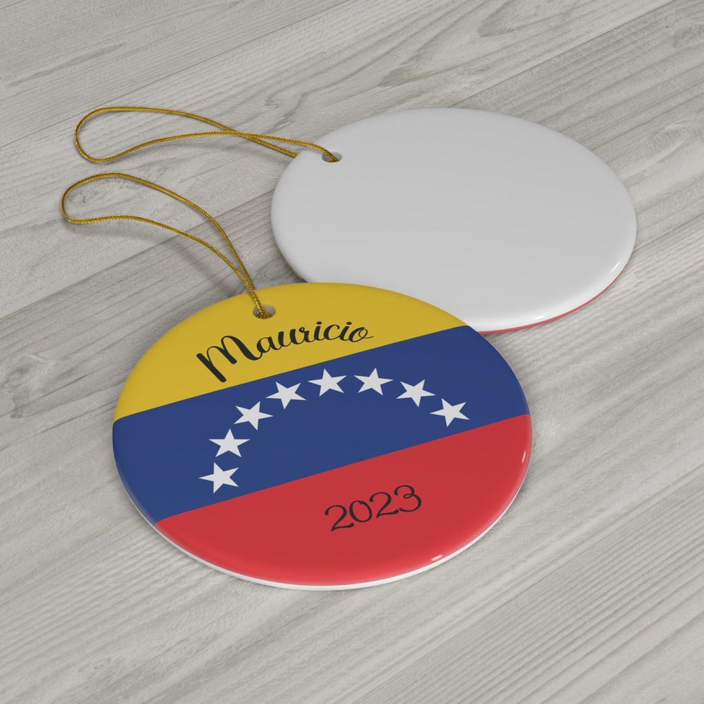Personalized Venezuela Venezuelan Flag Inspired Yellow Red Blue White Round Ceramic Christmas Ornament Gift Decoration Holiday World Travel