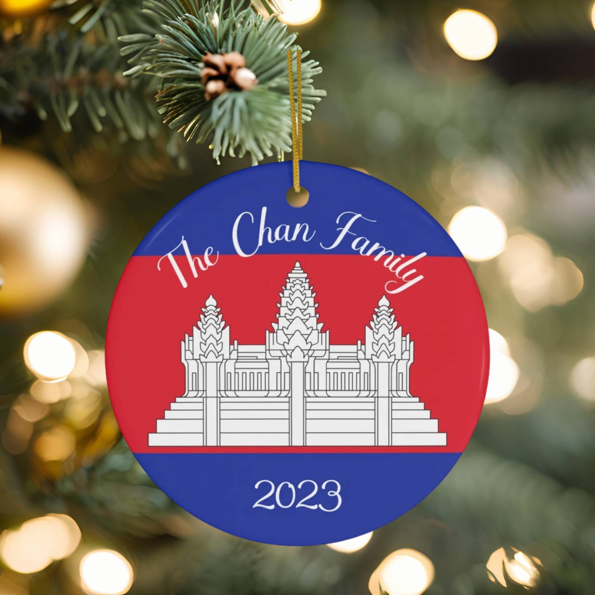 Personalized Cambodia Flag Ornament Christmas Ornament Cambodian Flag Round Porcelain Gift Holiday Decoration World Heritage Travel Themed