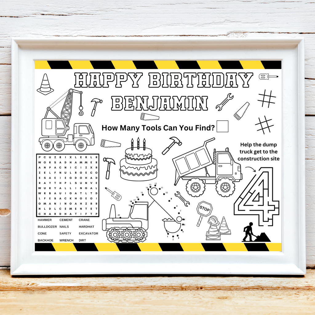 Personalized Construction Birthday Activity Placemat, Construction Themed Party Favor
