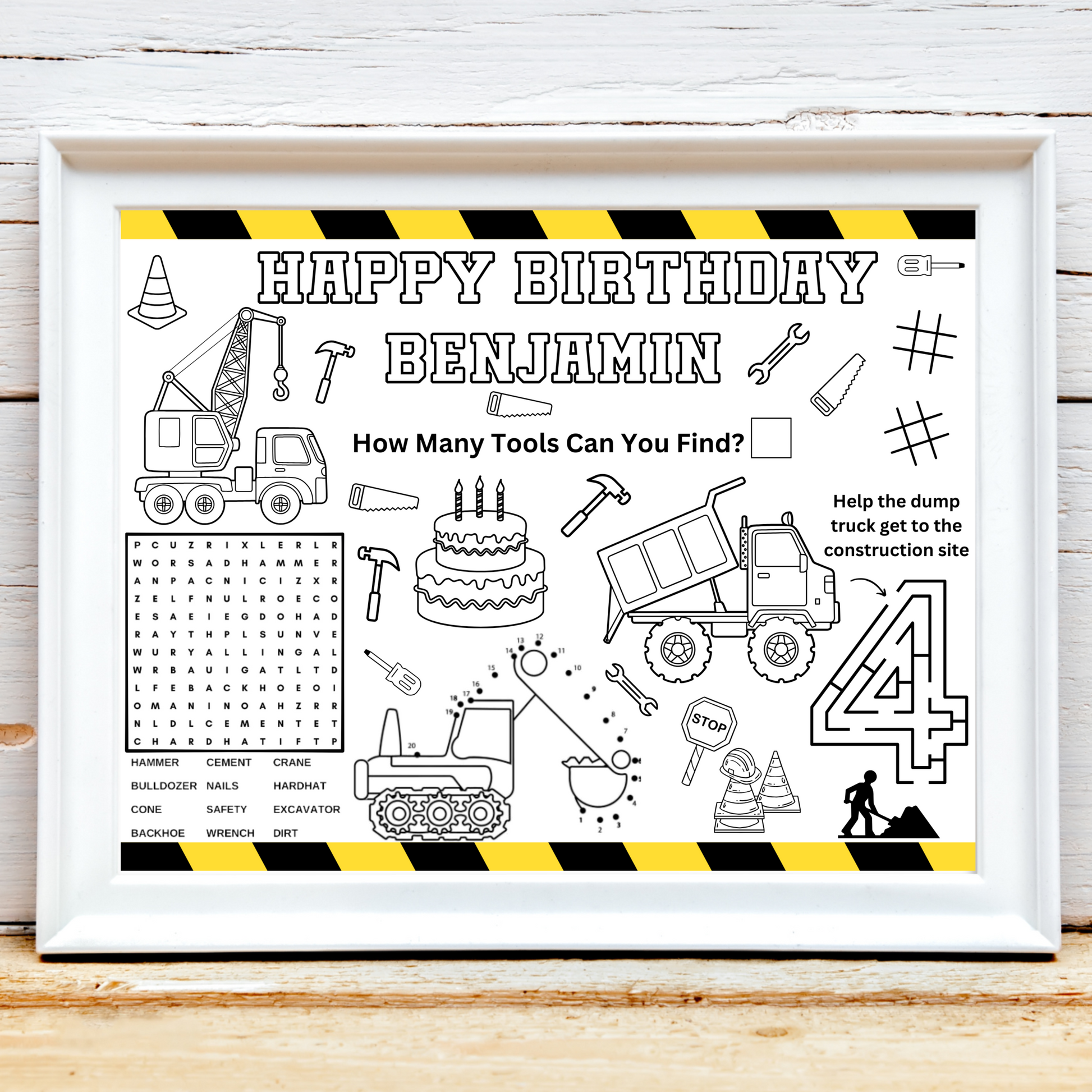 Personalized Construction Birthday Activity Placemat, Construction Themed Party Favor