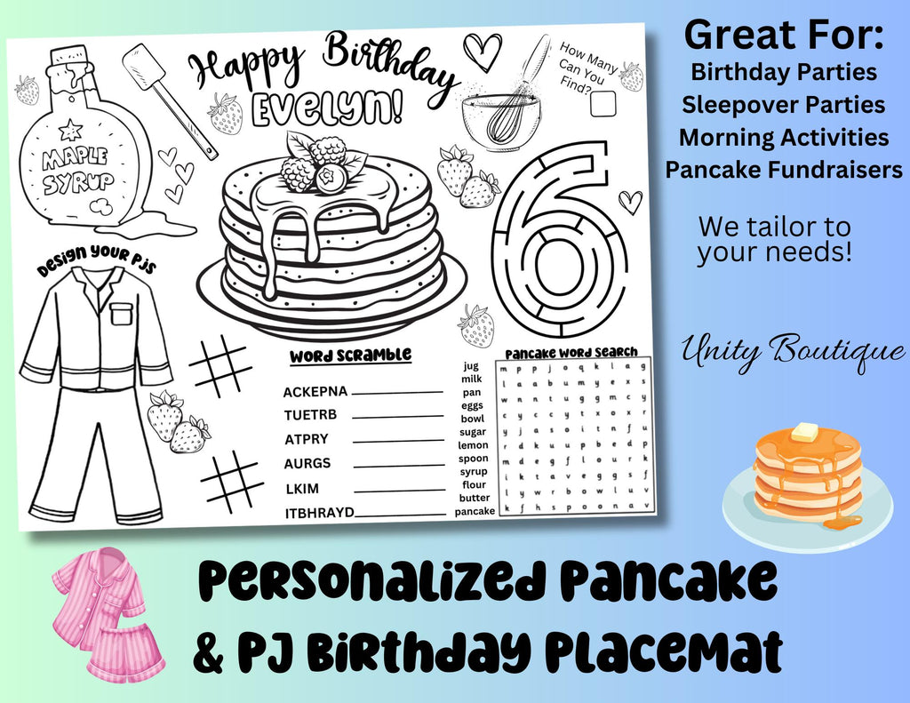 Personalized PJs and Pancakes Birthday Themed Activity Placemat, Pancake Party Coloring Page