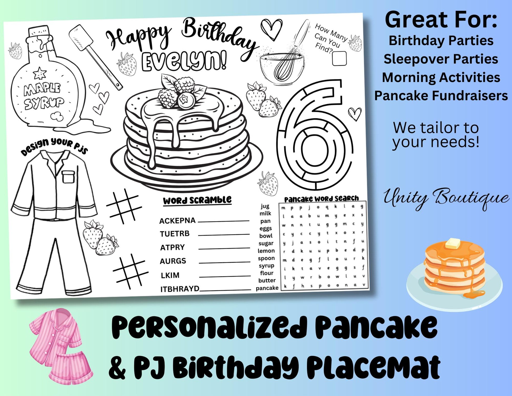 Personalized PJs and Pancakes Birthday Themed Activity Placemat, Pancake Party Coloring Page