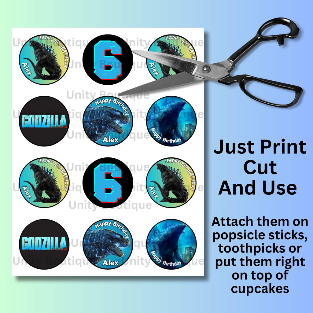 Adornos personalizados para cupcakes de cumpleaños de Godzilla, decoración personalizada para fiestas de Godzilla
