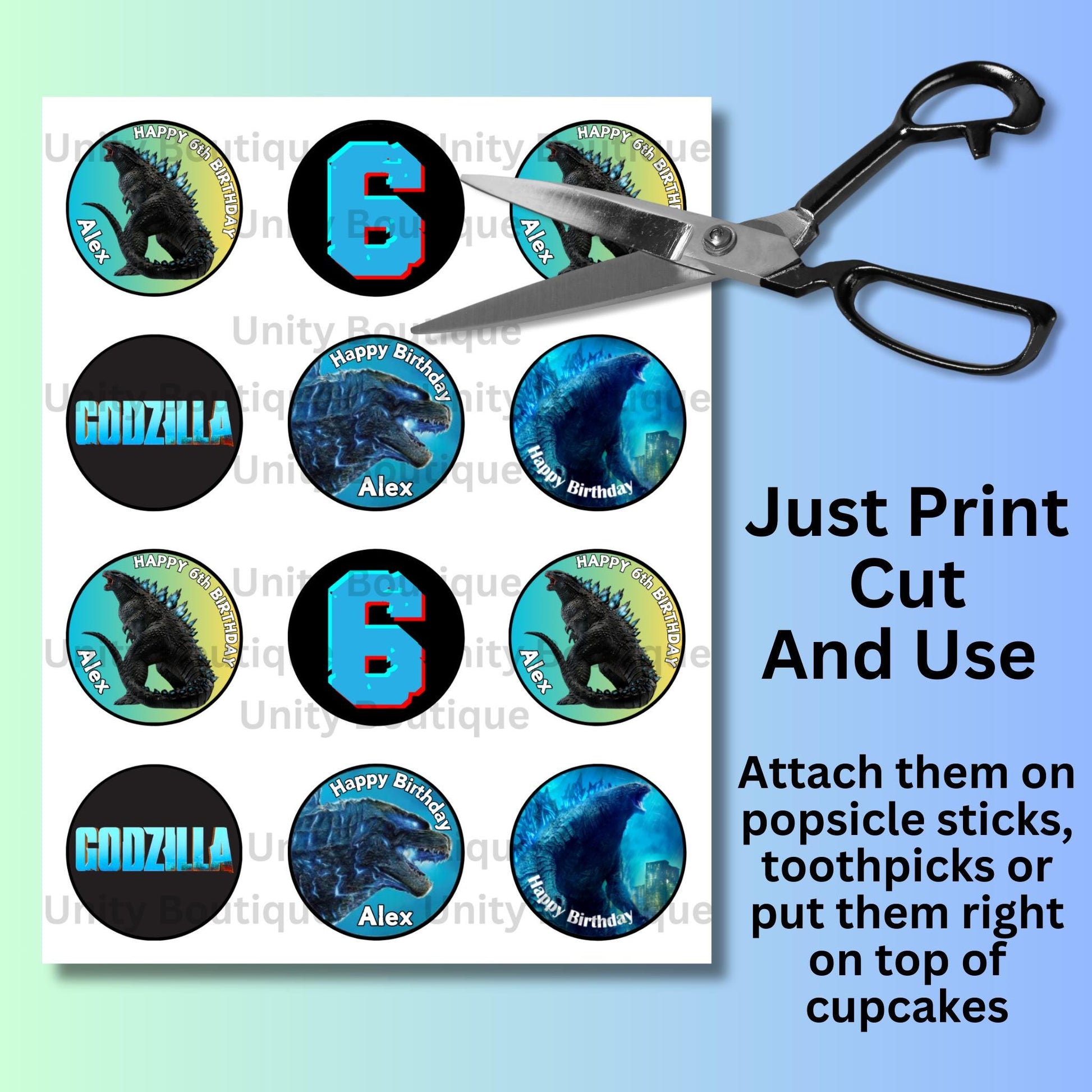 Personalized Godzilla Birthday Cupcake Toppers, Custom Godzilla Party Decor
