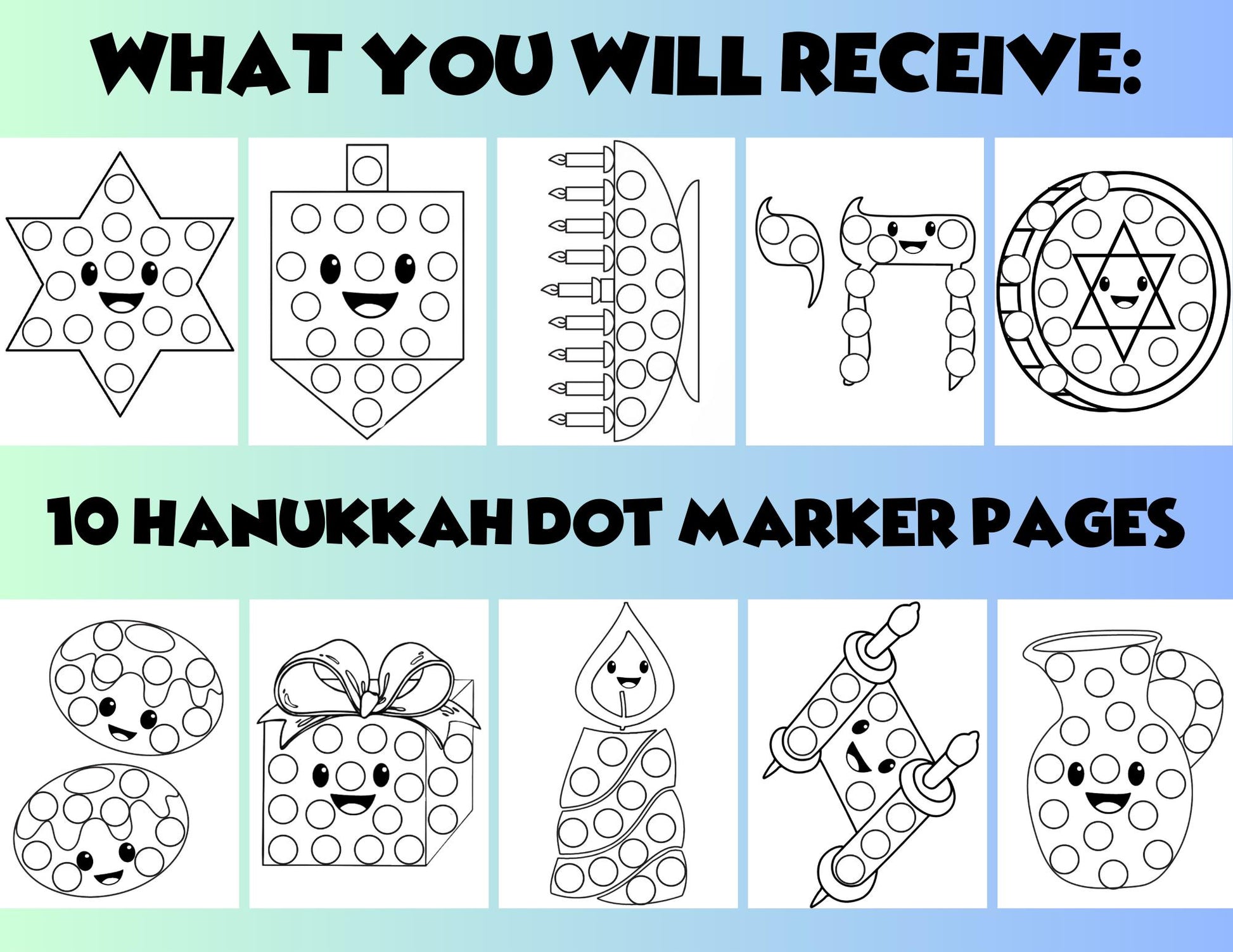 Chanukkah Do A Dot 10 Pages, Hanukkah Dot Marker Printable, Hanukkah Dot Art, Jewish Holiday Dab a Dot Coloring Pages for Toddler & Preschool
