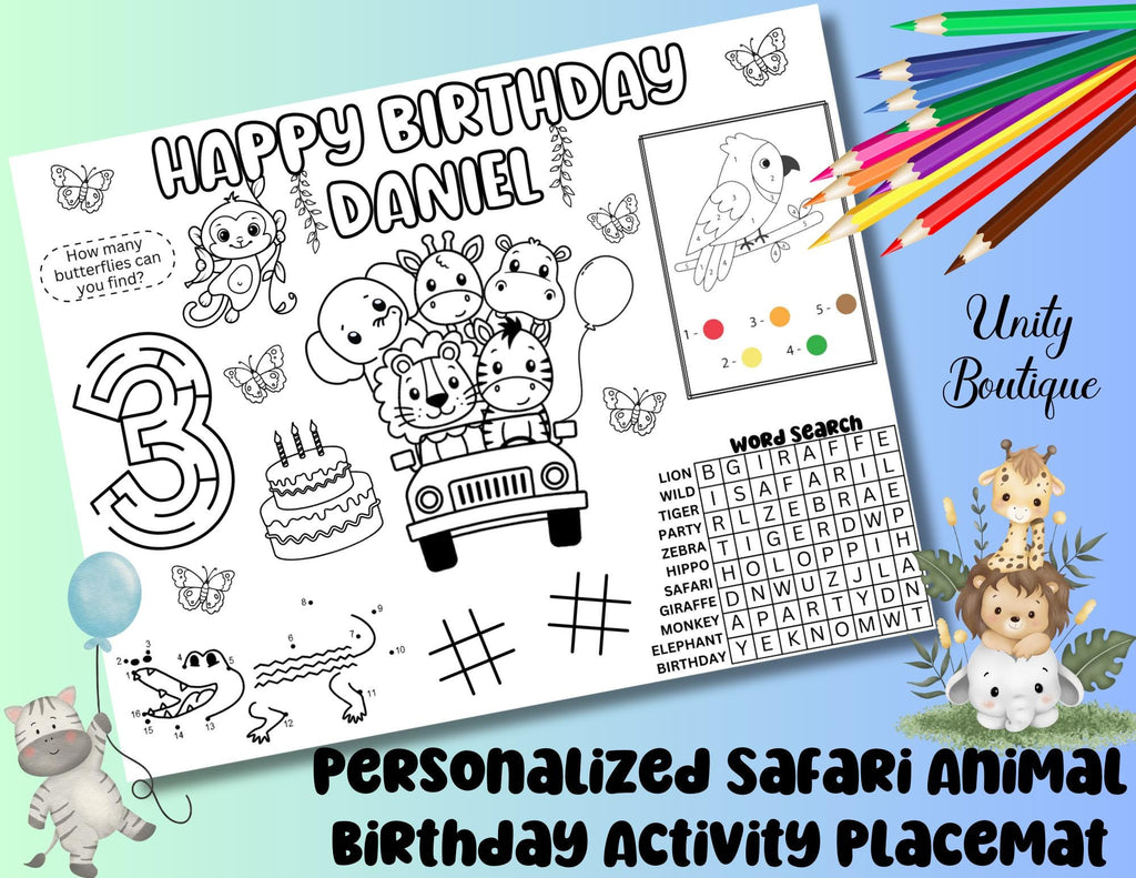 Personalized Safari Zoo Birthday Activity Placemat, Jungle Activity Page