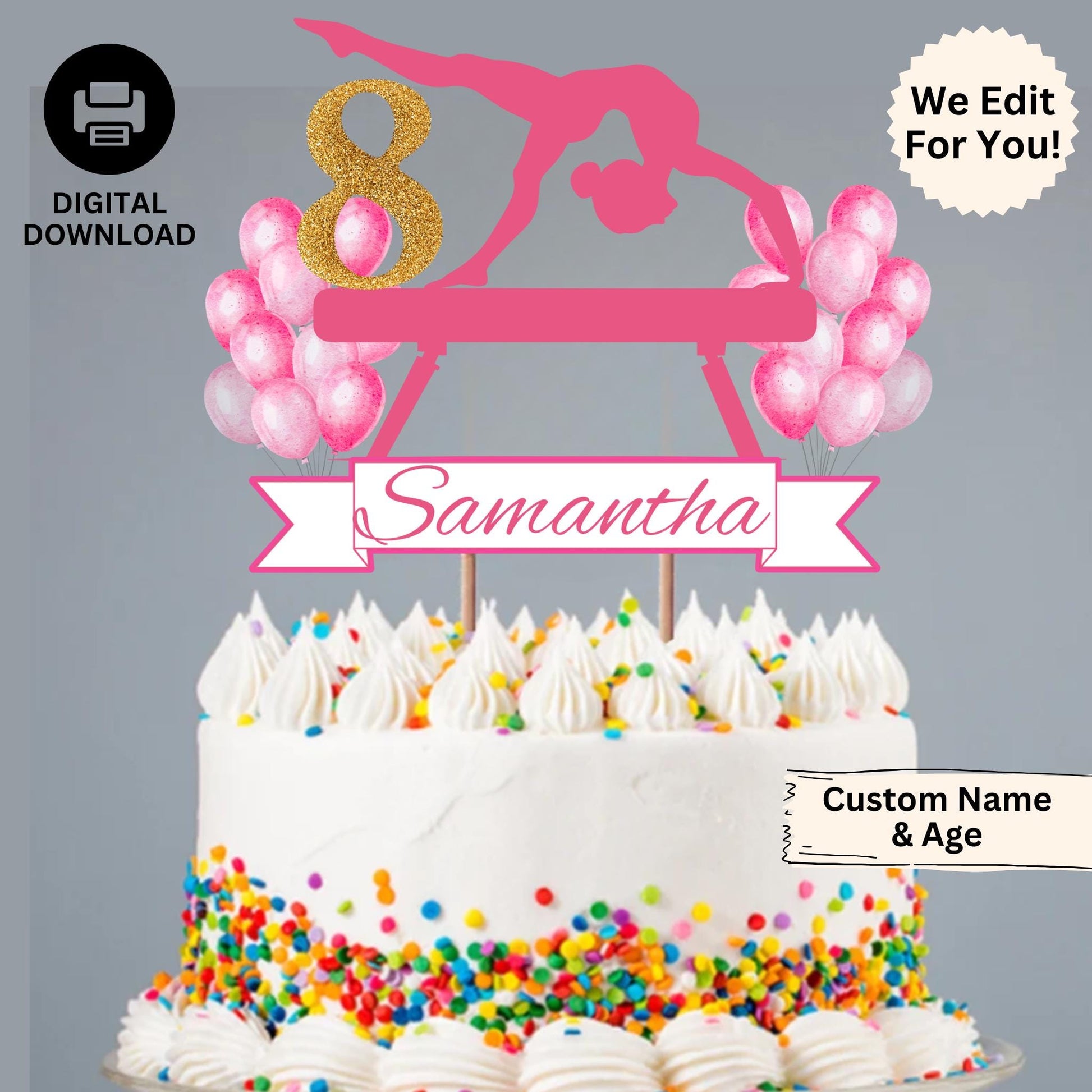Personalized Gymnastics Birthday Cake Topper, Custom Gymnastics Party Decor