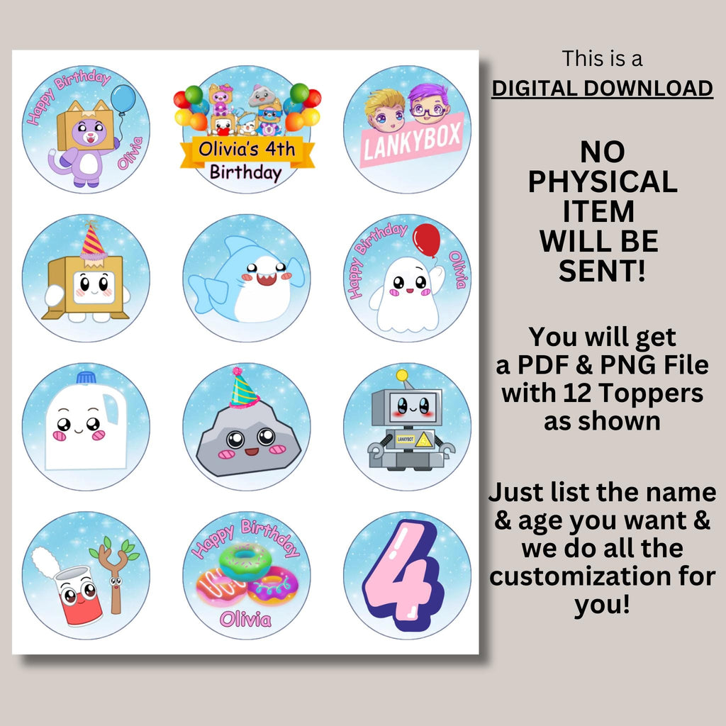 Personalized Lankybox Birthday Cupcake Toppers, Foxy, Boxy, Rocky, Lankybox Party Decor