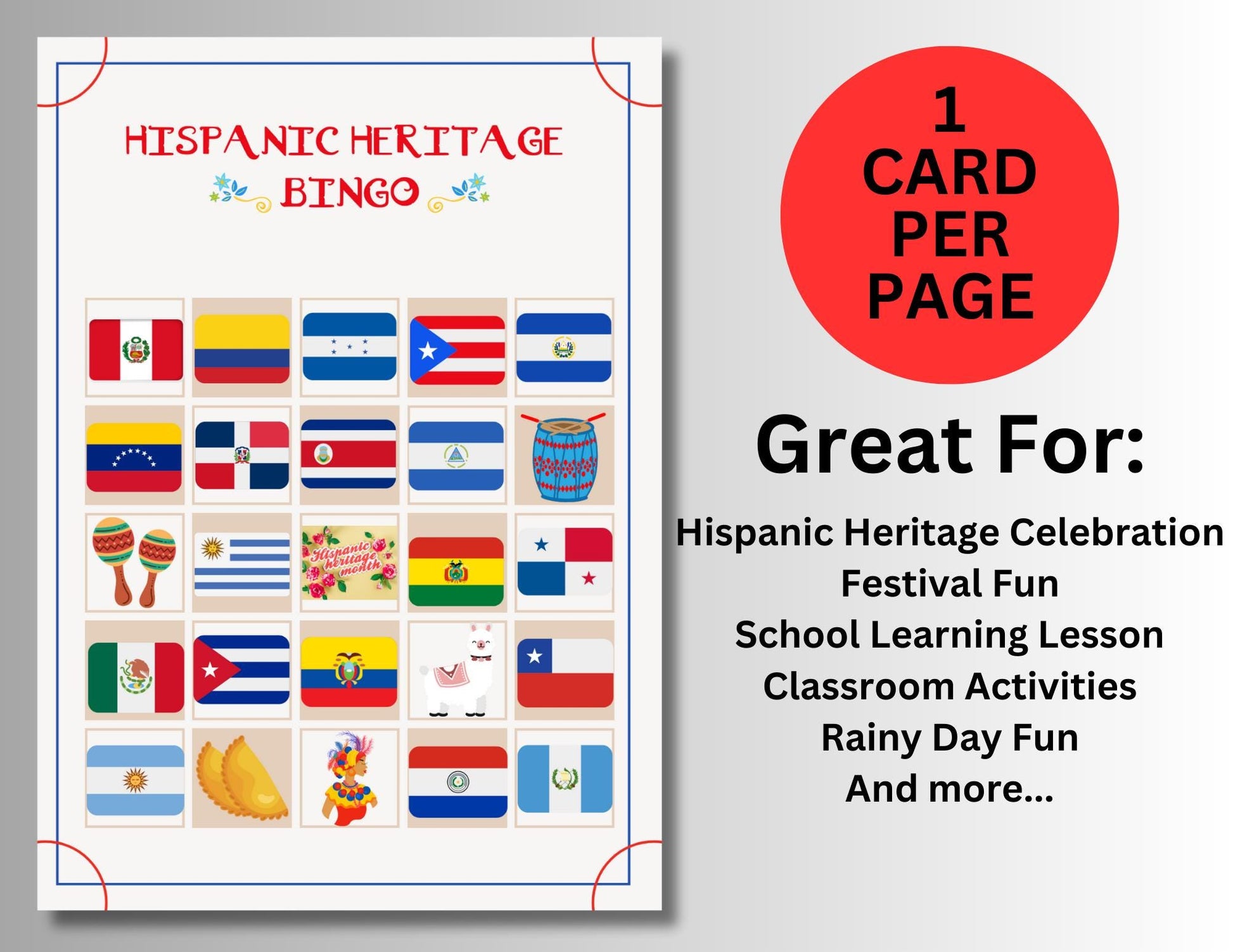 Hispanic Heritage Month Bingo, 20 Printable Bingo Cards, Hispanic Heritage Games, Spanish Speaking Countries Activity, Cultural Education