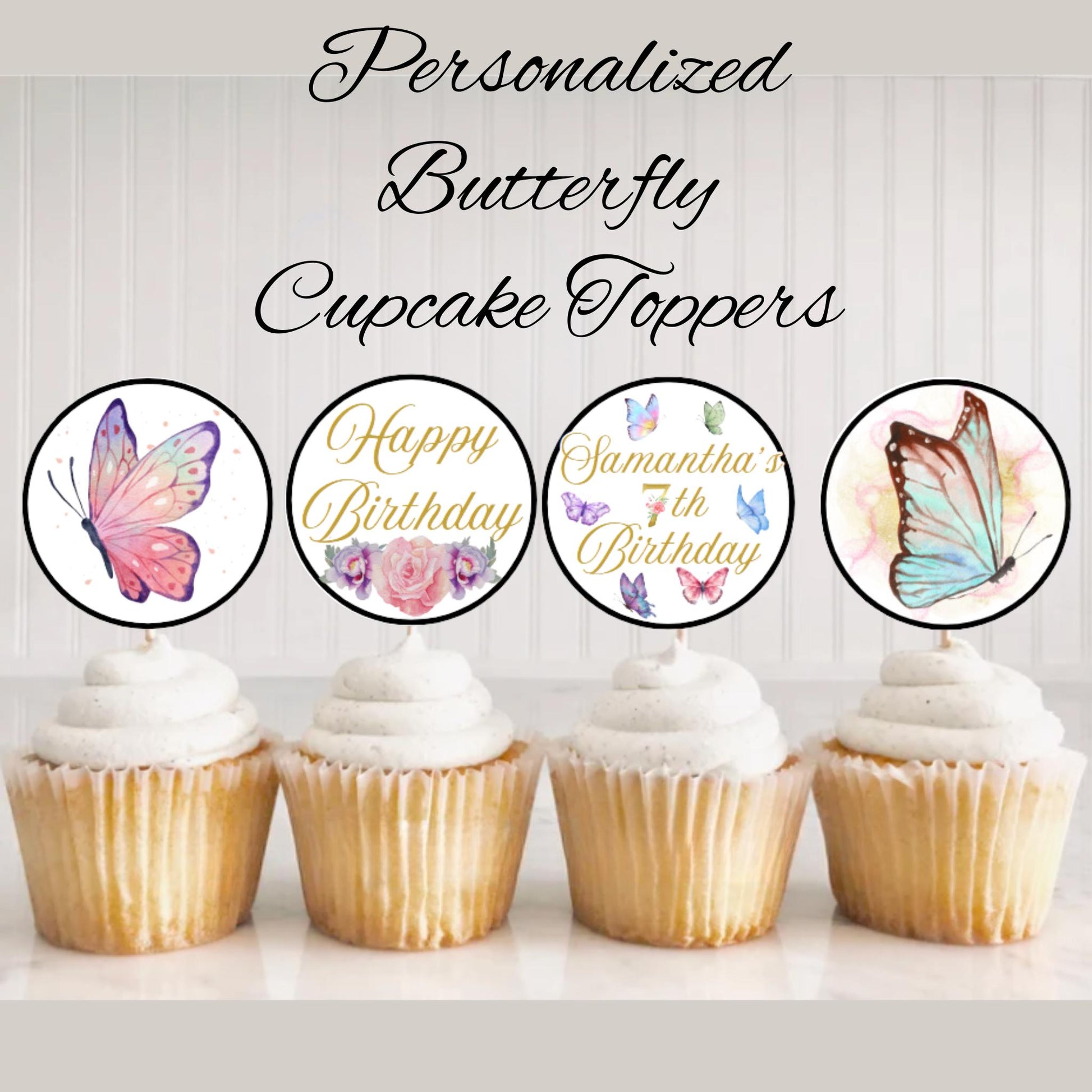 Personalized Butterfly Themed Birthday Cupcake Toppers, Butterfly Baby Shower Cupcake Toppers