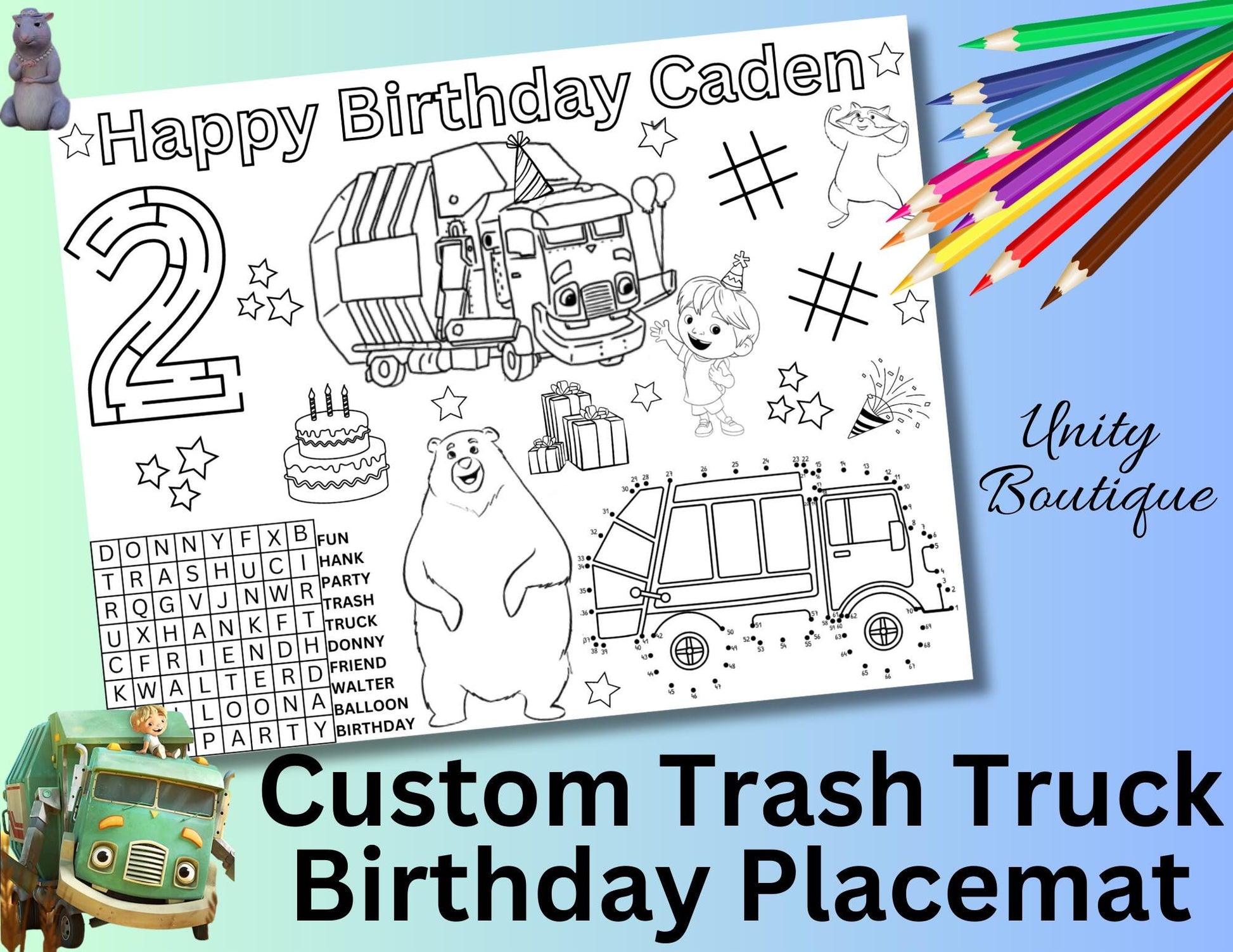 Personalized Trash Truck Birthday Activity Placemat, Trash Truck Kids Show Party Favor
