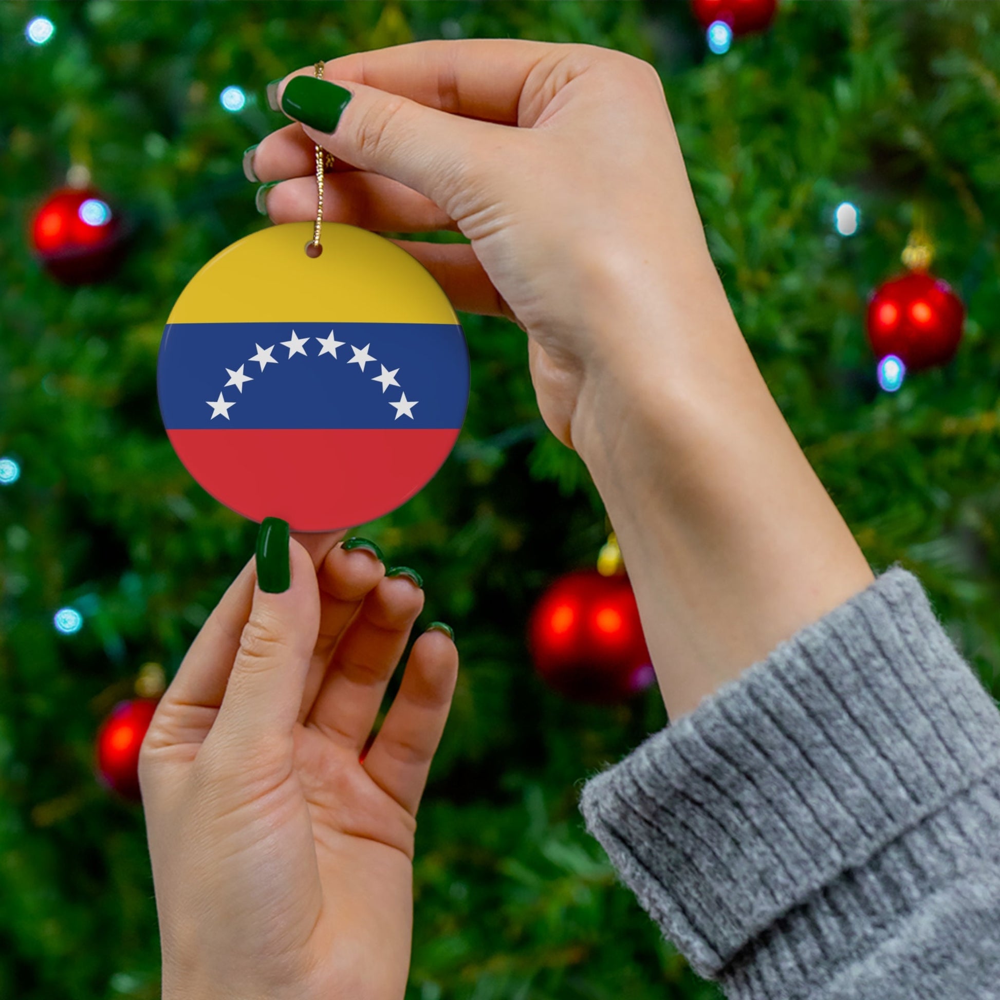 Personalized Venezuela Venezuelan Flag Inspired Yellow Red Blue White Round Ceramic Christmas Ornament Gift Decoration Holiday World Travel