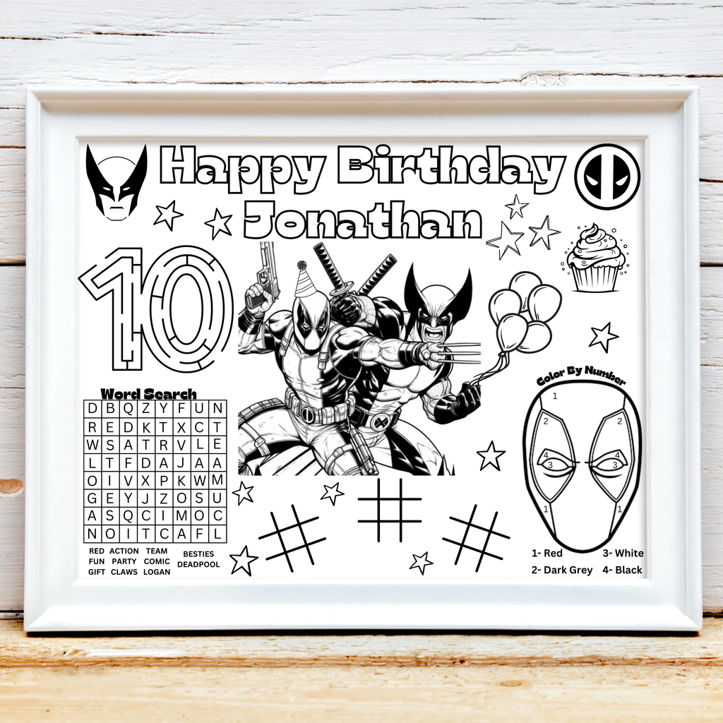 Personalized Deadpool & Wolverine Birthday Activity Placemat, Marvel Superhero Party Coloring Page