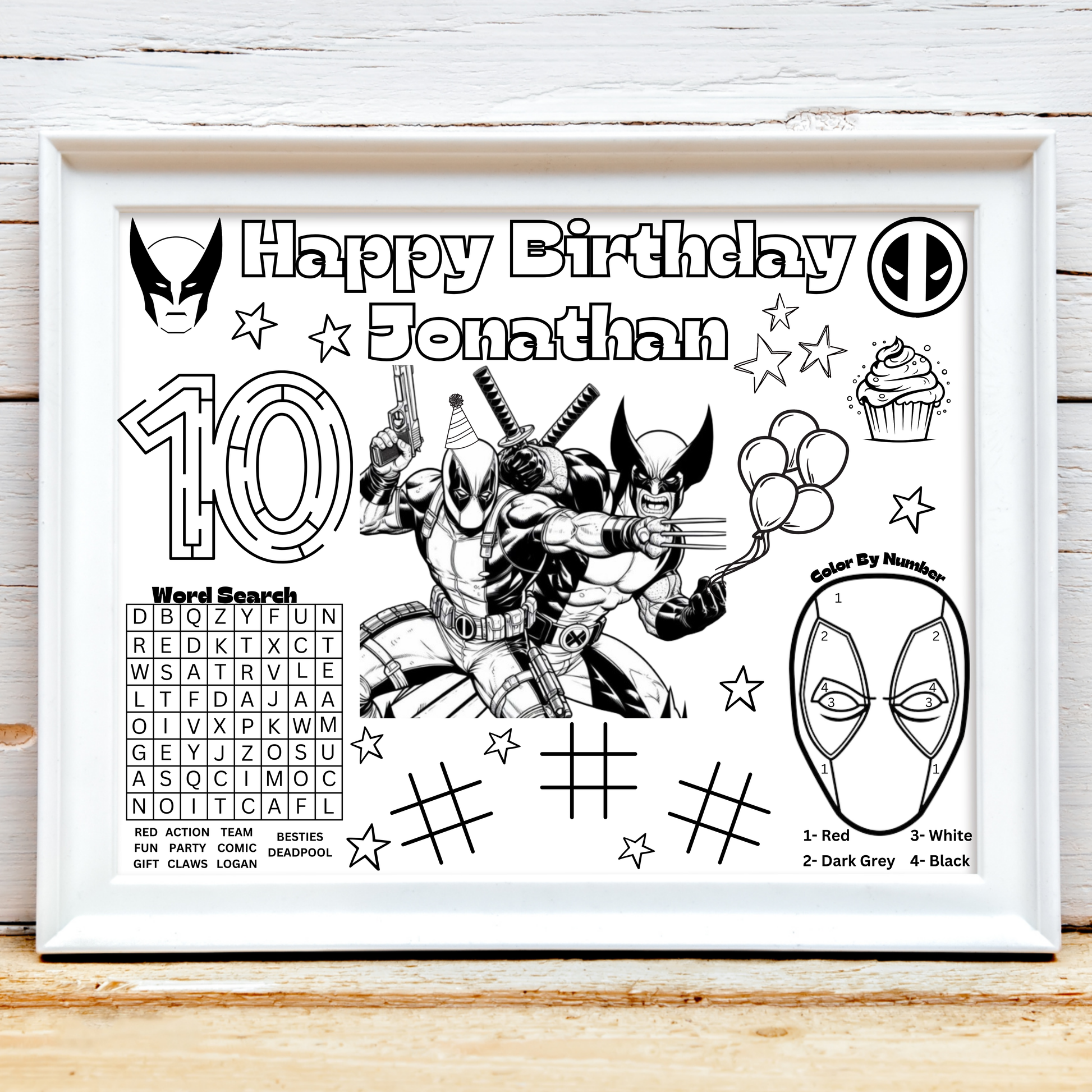 Personalized Deadpool & Wolverine Birthday Activity Placemat, Marvel Superhero Party Coloring Page